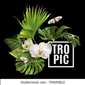 Vector botanical banner with tropical leaves orchid flowers and butterfly on black. Design for cosmetics, spa, health care products, travel company. Can be used as summer background