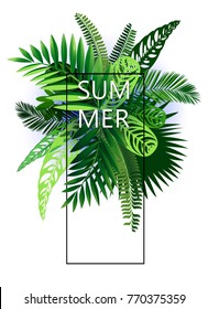 Vector botanical banner with tropical leaves in style art paper, on a white background. Design for cosmetics, spa, medical products, travel company, wedding invitation