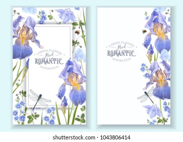 Vector botanical banners with blue flowers on white background. Floral design for natural cosmetics, perfume, women products. Can be used as greeting card, wedding invitation, spring background