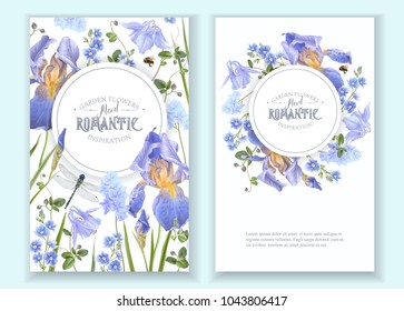 Vector botanical banners with blue flowers and dragonfly on white. Floral design for natural cosmetics, perfume, women products. Can be used as greeting card, wedding invitation, spring background