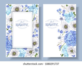 Vector botanical banners with blue flowers isolated on white background. Floral design for natural cosmetics, perfume, women products, greeting card, wedding invitation, summer background