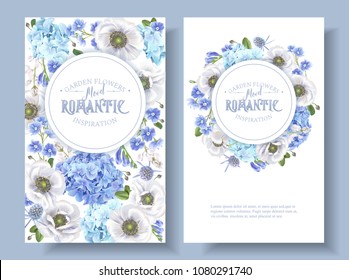 Vector botanical banners with blue flowers isolated on white background. Floral design for natural cosmetics, perfume, women products, greeting card, wedding invitation, summer background