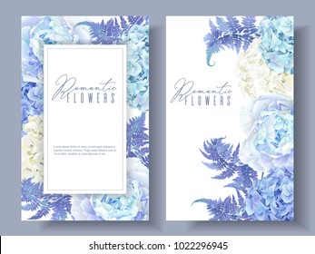 Vector botanical banners with blue peony, hydrangea and fern. Floral design for natural cosmetics, perfume, women products. Best for greeting card, wedding invitation.Can be used as festive background