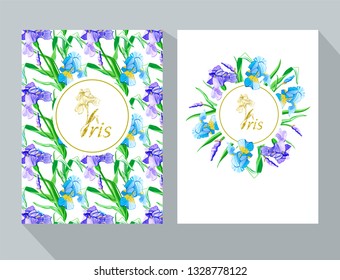 Vector botanical banners with blue and purple flowers. Floral design for natural cosmetics, perfume, women products. Can be used as greeting card, wedding invitation, spring background