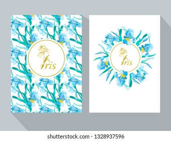 Vector botanical banners with blue and purple flowers. Floral design for natural cosmetics, perfume, women products. Can be used as greeting card, wedding invitation, spring background