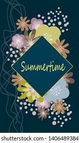 Vector botanical banners with colorful flowers on dark backgraund. Floral design for natural cosmetics, perfume, women products. Can be used as greeting card, wedding invitation, spring background