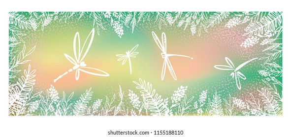 Vector botanical banners with dragonfly and flowers. Floral design for natural cosmetics, perfume, women products. Can be used as a greeting card, wedding invitation, spring background