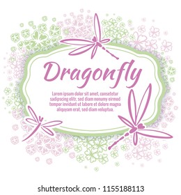 Vector botanical banners with dragonfly and flowers. Floral design for natural cosmetics, perfume, women products. Can be used as a greeting card, wedding invitation, spring background
