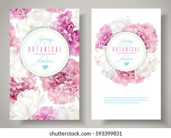 Vector botanical banners with pink peony and white tulip flowers on white background. Romantic design for natural cosmetics, perfume, women products. Can be used as greeting card or wedding invitation