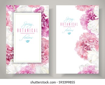 Vector botanical banners with pink peony and white tulip flowers on white background. Romantic design for natural cosmetics, perfume, women products. Can be used as greeting card or wedding invitation