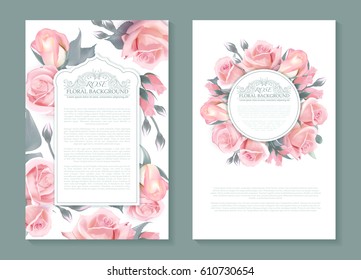 Vector botanical banners with pink roses. Vertical design for wrapping paper, soap, beauty salon, natural and organic products, make up, health care products or aromatherapy, etc. Place for text