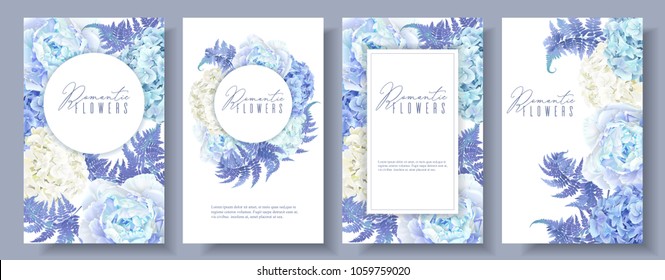 Vector botanical banners set with blue peony, hydrangea and fern. Floral design for natural cosmetics, perfume, women products, greeting card, wedding invitation. Can be used as spring background