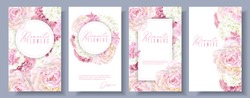 Vector Botanical Banners Set With Pink Peony And White Hydrangea Flowers. Romantic Design For Natural Cosmetics, Perfume, Women Products. Can Be Used As Greeting Card Or Wedding Invitation