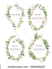 Anuncios botánicos de Vector engastados con peonía rosa y flores de hortensias blancas. Borde de marco con espacio de copia.