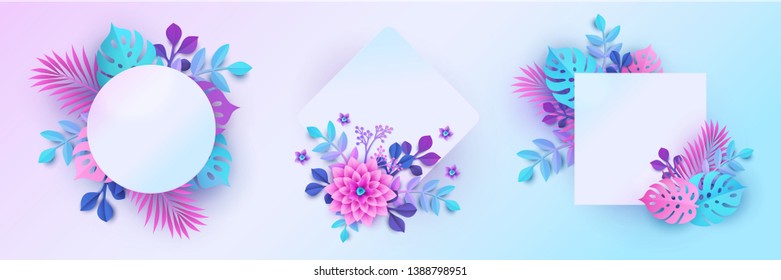 Vector botanical banners set with tropical leaves and flowers in modern paper cutting style. Bouquet, pastel floral backdrop, jungle nature, bright colors of blue, pink and purple hues. Place for text