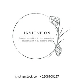 Marco redondo vectorial botánico blanco y negro de ramas y conos de pino. Plantilla de botánica minimalista para invitación de boda, logotipo, sello, tarjetas de vacaciones de invierno. Elegante y delicado diseño de borde de arte.