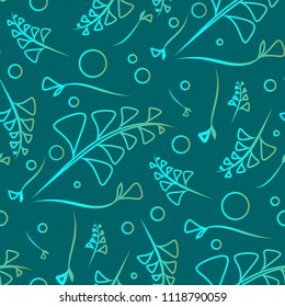 Vector botanical blue pattern of cobalt plants and grass on azure background. For registration of paper or home interior items.
