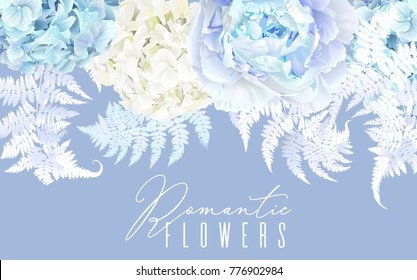 Vector botanical border with blue peony, hydrangea and fern. Floral design for natural cosmetics, perfume, women products. Best for greeting card, wedding invitation. Can be used as winter background