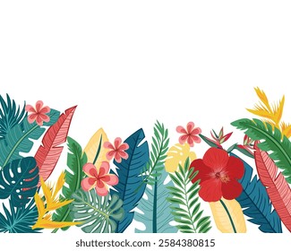 Vector botanical border with exotic flowers and leaves. Tropic rainforest foliage border for poster, cards. 