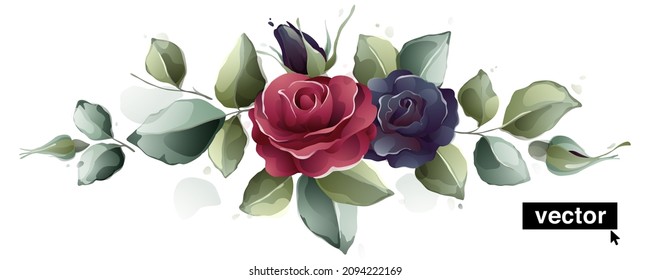 Vector botanical border isolated on white background. Watercolor style illustrations set of garden rose burgundy red and navy blue flowers, buds, leaves, and ink branches sketches. 