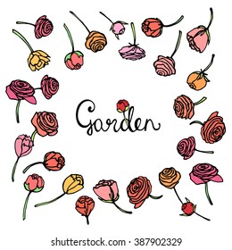 Vector botanical card with hand drawn rose buds and hand written lettering. Beautiful design elements, vintage colors.