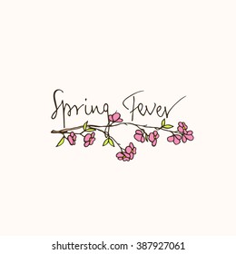 Vector botanical card with hand drawn spring blooming branches and hand written lettering. Beautiful design elements, vintage colors.