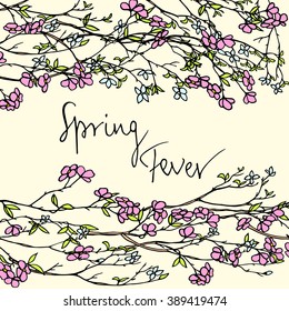 Vector botanical card with hand drawn spring blooming branches and hand written lettering. Beautiful design elements, vintage colors.