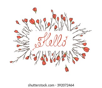 Vector botanical card with hand drawn spring blooming branches and hand written Hello inscription. Beautiful design elements, vintage colors.
