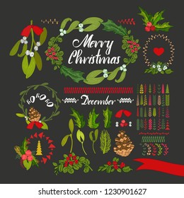 Vector Botanical collection of Christmas and New year elements: mistletoe, cones, wreaths, brushes, leaves, Christmas tree. Templates for greeting cards and scrapbooking. 