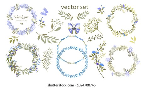 Vector Botanical collection. Herbs, leaves, flowers. A set of decorative elements. flower wreaths for registration of the invitation for a holiday.