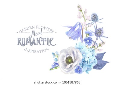 Vector botanical composition with blue flowers on white background. Floral design for natural cosmetics, perfume, women products. Can be used for greeting card, wedding invitation, spring background