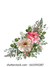 Vector botanical composition with pink, cream roses, buds and green leaves on white background. Hand drawn. Copy space. Floral illustration for wedding invitation, greeting cards. Watercolor style.