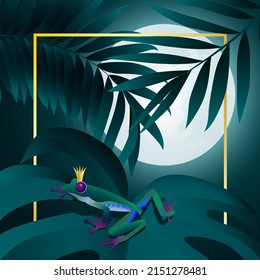 Diseño botánico vectorial con hojas exóticas de palma tropical verde oscuro con coloridas ranas tropicales de ojos rojos sentadas en la hoja con corona dorada en la cabeza en la noche de luna llena
