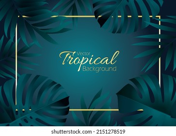 Vector botanical design with exotic tropical palm dark green leaves at night against dard background with place for text 