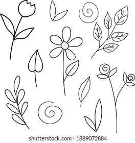 Vector botanical doodle set. Eleven black outline floral illustrations isolated on white background. Flowers and leaves hand drawn design elements.