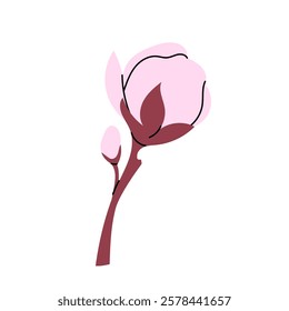 Vector botanical element for spring festival. Pink flower bud. Blooming. Hanami. Sakura flower of Japanese tree. Flat illustration on white background.