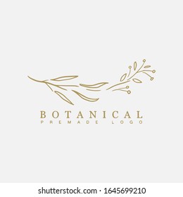 Vektorillustration botanisch-blumengezeichnete Logo-Vorlage in elegantem und minimalem Stil mit goldener Farbe auf grauem Hintergrund. Für Abzeichen, Etiketten, Logotypen und Markenidentität.
