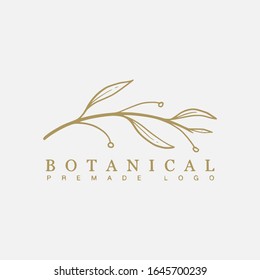 Vector botanical floral hand drawn logo template in elegant and minimal style with gold color on grey background illustration. For badges, labels, logotypes and branding business identity.