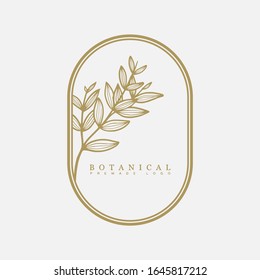 Vector botanical floral hand drawn logo template in elegant and minimal style with gold color on grey background illustration. For badges, labels, logotypes and branding business identity.