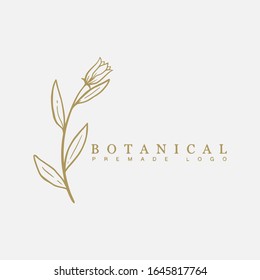 Vector botanical floral hand drawn logo template in elegant and minimal style with gold color on grey background illustration. For badges, labels, logotypes and branding business identity.