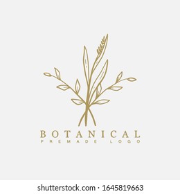 Vector botanical floral hand drawn logo template in elegant and minimal style with gold color on grey background illustration. For badges, labels, logotypes and branding business identity.