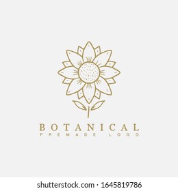 Vector botanical floral hand drawn logo template in elegant and minimal style with gold color on grey background illustration. For badges, labels, logotypes and branding business identity.