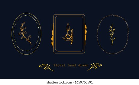 Plantilla de logo floral vectorial con estilo elegante y minimalista con color dorado en ilustración de fondo azul. Para insignias, etiquetas, logotipos e identidad comercial de marca.