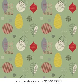 Patrón vectorial sin soldadura floral botánica en estilo retro. Hojas abstractas y formas de los años 60, 70, estilo moderno de mediados de siglo con colores verde, rojo y amarillo mudos. Perfecto para la reserva de recortes, tarjeta de felicitación