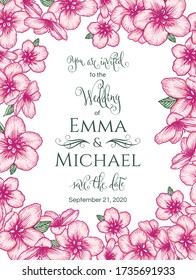 Vector botanical floral wedding invitation elegant card template with pink apple flowers. Romantic design for greeting card, natural cosmetics, women products.