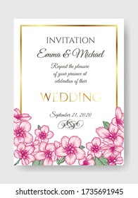 Vector botanical floral wedding invitation elegant card template with pink apple flowers and golden frame. Romantic design for greeting card, natural cosmetics, women products.