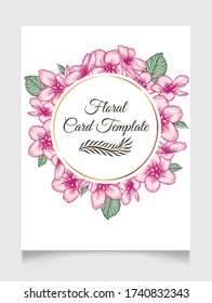 Vector botanical floral wedding invitation elegant card template with pink apple flowers and round golden frame. Romantic design for greeting card, natural cosmetics.