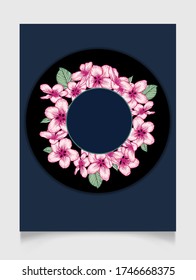Vector botanical floral wedding invitation. Dark blue elegant card template with pink apple flowers. Romantic design for greeting card, annivesary.