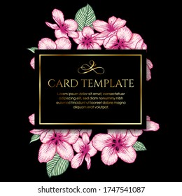 Vector botanical floral wedding invitation. Black elegant card template with pink apple flowers and golden frame. Romantic dark design for greeting card, annivesary.