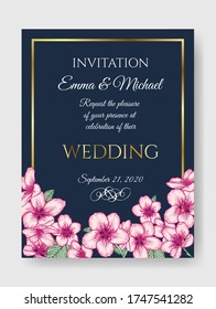 Vector botanical floral wedding invitation dark blue elegant card template with pink apple flowers and golden frame. Romantic design for greeting card, annivesary.